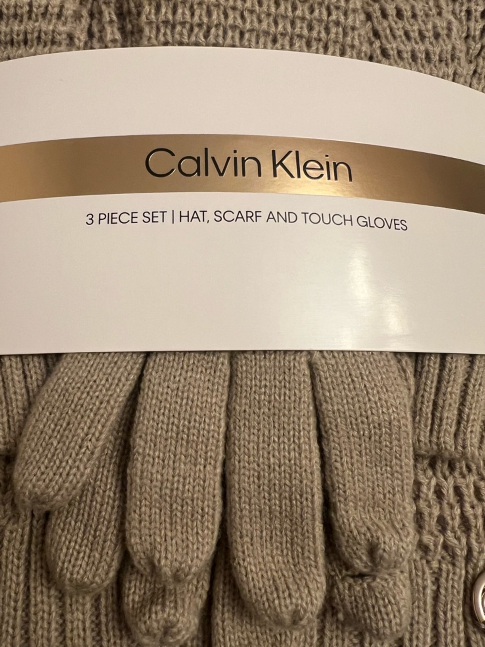 Calvin Klein 3 Piece Scarf, Hat, and Touch Gloves Set - Tan/Beige - Picture 3 of 6